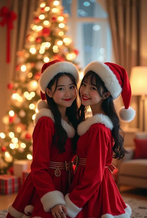 Beautiful Asian sisters 　 enjoying the Christmas party in Santa costumes。 the Christmas tree and illuminations are shining and beautiful 