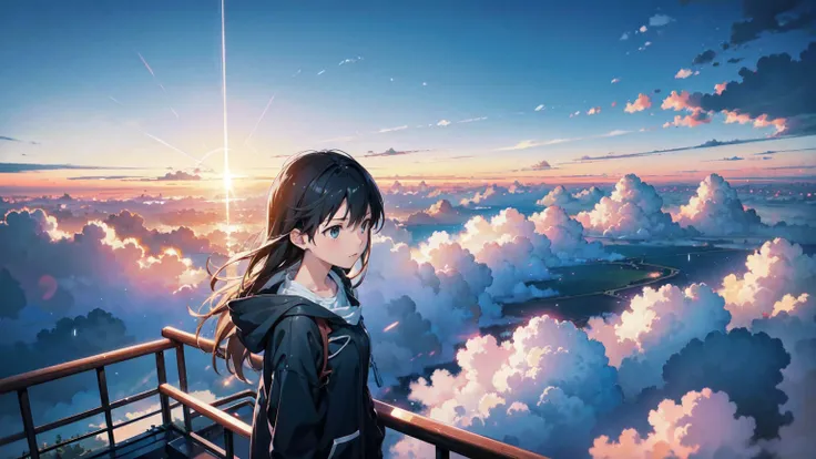 light 그림,   Makoto Shinkai , Sky City , Above the clouds, Stairway to the Sky , Illustration, Adult woman looking beside , vivid, Background only , light, fresh