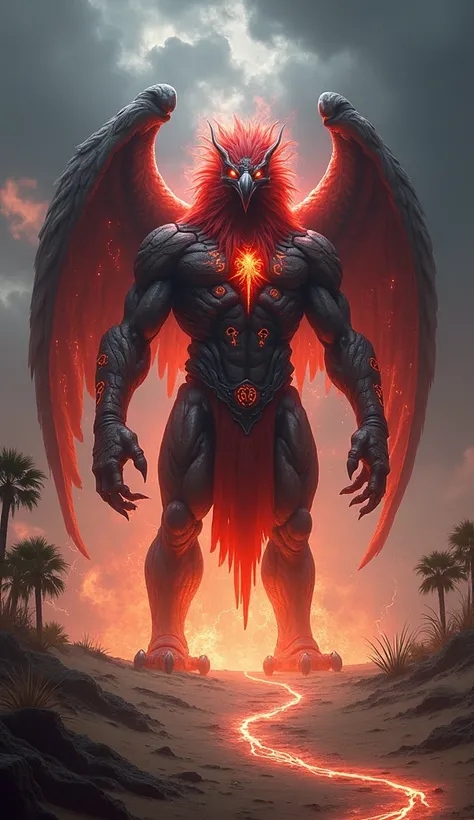 Design a monstrous hybrid entity combining the hawk’s and iron men’s. The creature should have the iron men’s muscular frame, red glowing mane, and razor-sharp claws, merged with hawk’s face,with shape and wings. glowing runes. Its eyes should burn with di...