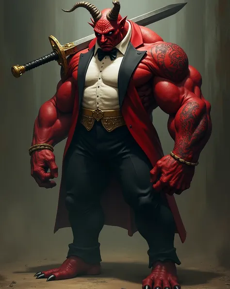 Draw a red muscular demon in a tattoo in a tuxedo. full-length, in the form of concept art with a sad face and a big sword on his shoulder.