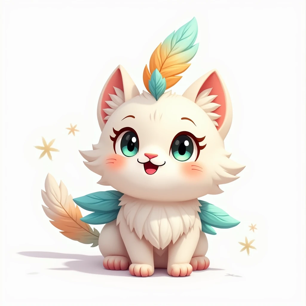 cute cat with feathers、 has a white background、2D、 game characters