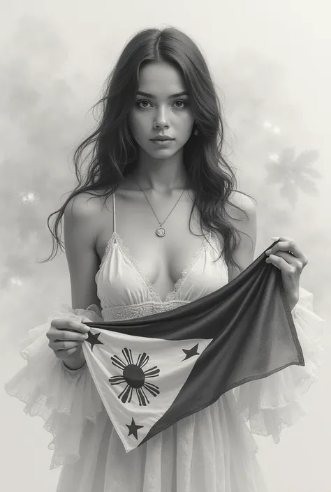 create a ethereal beauty pinay in the middle holding the phil flag make it drawing