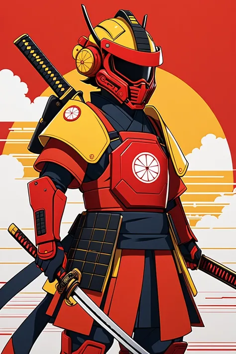 A male hatamoto. He is wearing a japanese inspired armor in red and yellow colors, with minimalist futuristic details. He is wearing a japanes inspired samurai sci-fi helmet. He is armed with a katana in the right hand and a bolter in the left hand. The st...