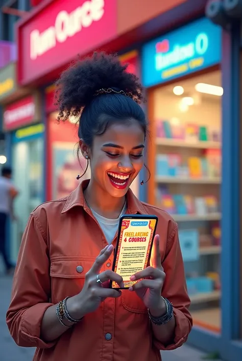 An excited person holding a phone, with a big smile, looking at a colorful promotional ad. The ad includes the following text in Bengali, with bold and vibrant typography: অবিশ্বাস্য মূল্য ছাড়! যে কোন ৪ টা কোর্স মাত্র ৪০ ৳, ২৬ টা বাংলা ফ্রিল্যান্সিং কোর্স!...