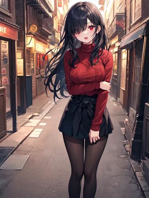  1 girl, solo,  black hair,  long hair,  hair to hide one eye, Straight Hair, Beautiful breasts, medium chest ,Red knitted sweater, black miniskirt,tights, red eyes, Slanted Eyes,His right eye is hidden by his hair,  open their mouths slightly,slouch（ bend...