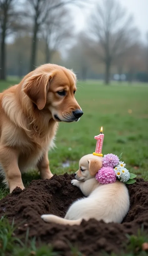 A Golden Retriever mother, her fur dampened by a light drizzle, sits sorrowfully beside a grave dug into the wet soil of an empty park. The puppy lies peacefully inside the grave, holding a small bouquet of hydrangeas and a daisy. A rain-soaked birthday ca...