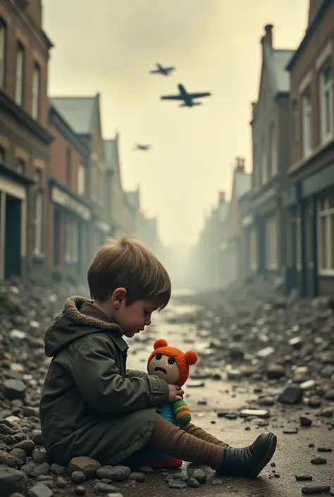   A poignant and emotionally gripping thumbnail depicting the impact of war on ren in England. The design includes a young  sitting amidst the rubble of a bombed-out street, holding a small toy with a tear-streaked face. In the background, a faint silhouet...