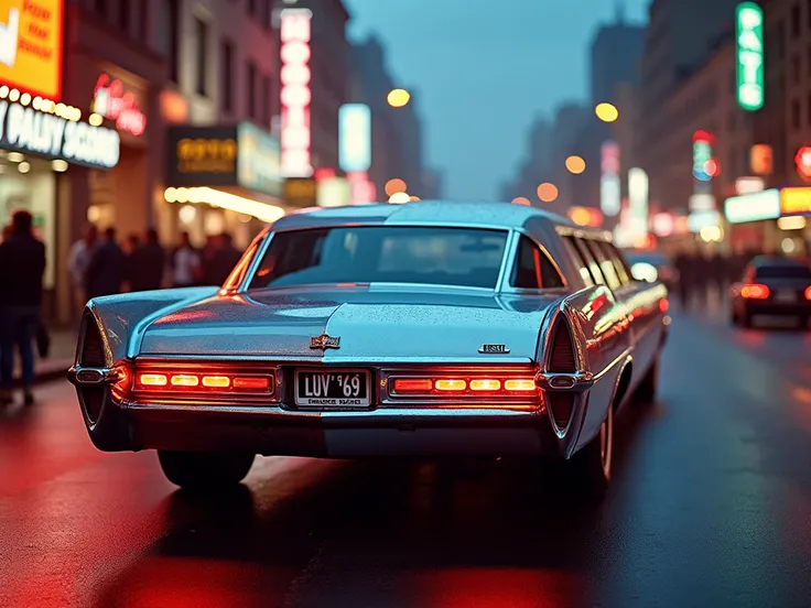 A neon-lit city street at dusk, 1970s era. A gleaming, chromed-out limousine stretches impossibly long, its license plate reading LUV 69 in bold black letters. The vehicles sleek, angular design and oversized wheels dominate the frame, set against a backdr...