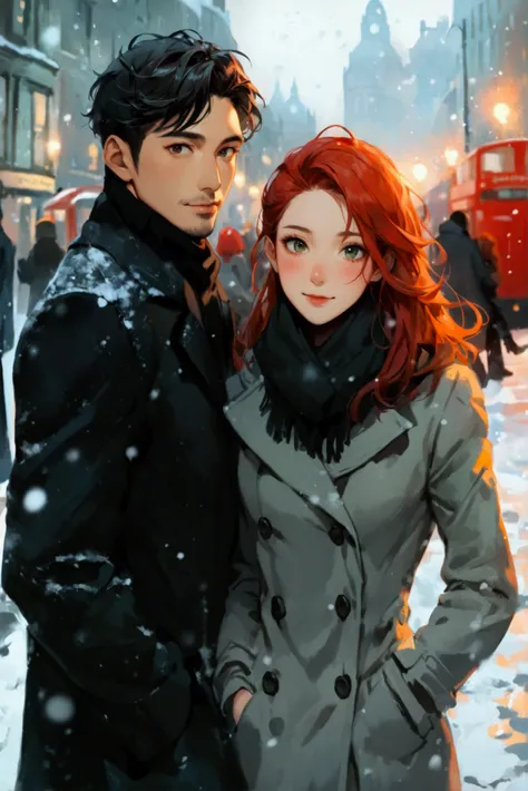 Portray a full shot of an international couple walking arm in arm amid Londons winter magic. The couple is looking directly in to the camera exposing their gentle blushes. The couple features an Asian man in his thirties and an Irish woman in her twenties....