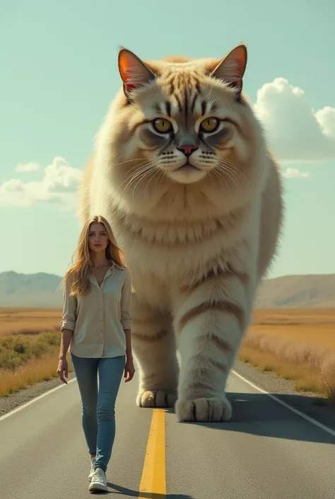 A blonde woman walks down the highway with a giant Persian cat the size of an orange elephant 