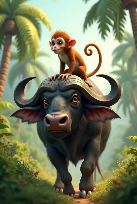 Monkey riding on buffalo back