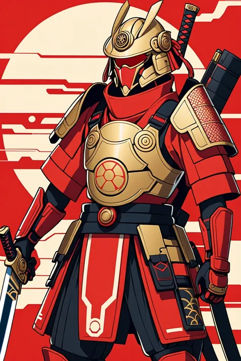 A male warrior. He is wearing a japanese inspired armor in red and yellow colors, with minimalist futuristic details. He is wearing a japanes inspired samurai helmet. He is armed with a katana in the right hand and a bolter in the left hand. The style is f...