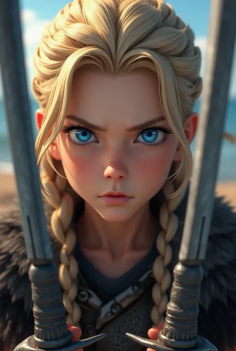 Visage garçon viking blond cheveux long tressés. Yeux bleus. Style animé sophistiqué. Épées au niveau des yeux 