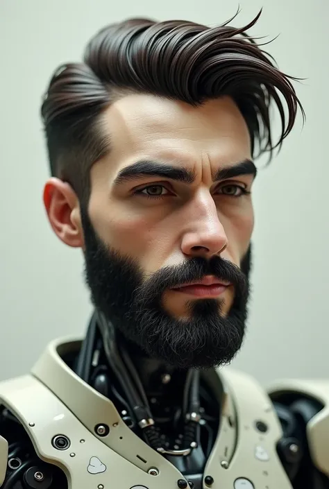  a Brazilian man , with Italian and Jewish features , big nose,  small but prominent chin, triangular face,  Dark brown hair , beard media, juntes estas características num robô 