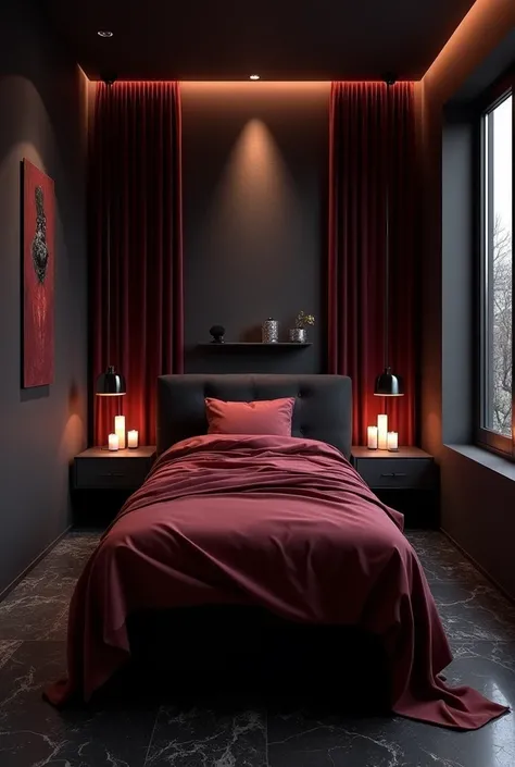 Create a hyper-realistic, dark-themed luxury spa room with an intimate, seductive atmosphere. The camera should be positioned at the foot of the spa bed, giving a view of the bed centered in the foreground, but with a focus on the rich, sultry design of th...