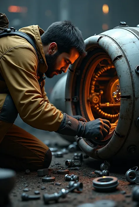 The mechanic is repairing the ship