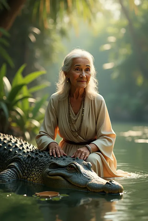 Make a picture of a beautiful grandmother accompanied by a crocodile
