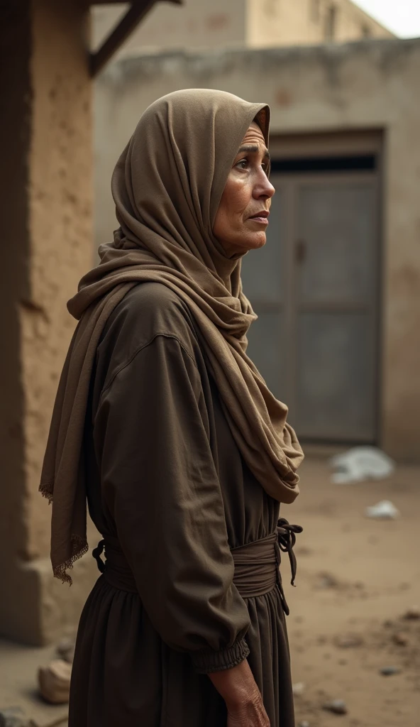 Arab woman, 35 years old, thin, poor, wearing a light brown hijab, wearing a simple dark brown robe, full body side view