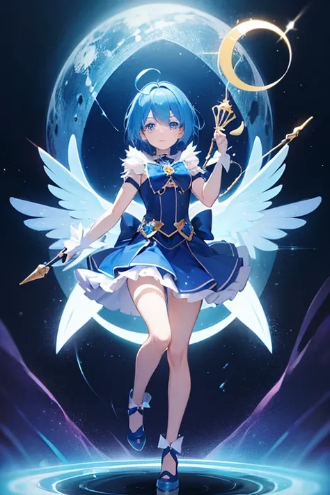 magical girl,blue hair,short hair,full body,blu eeyes,front view