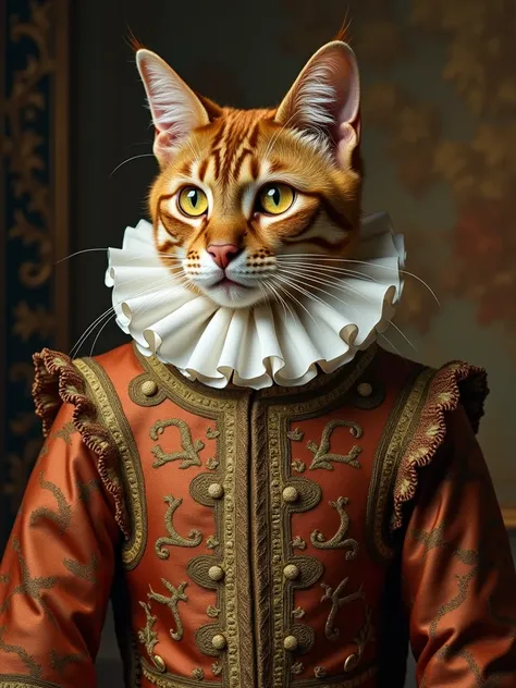 A brown cornish rex cat (man) with brown fur and bright yellow eyes, adorned in an elaborate historical costume featuring a ruffled collar and a richly embroidered garment. The portrait should have a classical, oil-painting aesthetic with a detailed backgr...