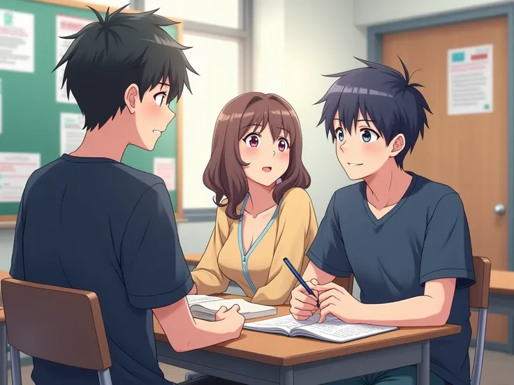 Two guys were talking in class with visuals behind them ,  one girl talking to a boy who only noticed her talking, Anime style