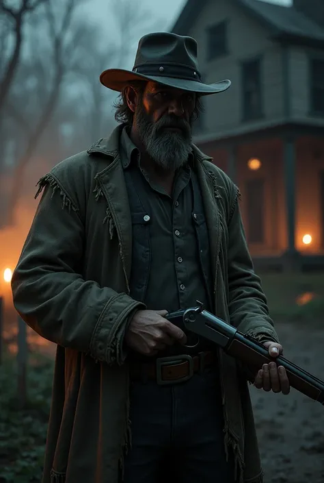 Create a YouTube thumbail of the game Hunt : showdown,  character with frayed clothes, detailed, using an old rifle, at night, Candles light up an old house, In the background, Scenario from 1870