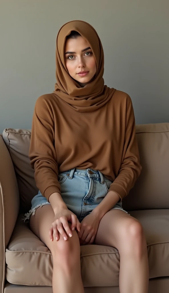 A hijab woman is sitting on a sofa with her legs exposed and wearing very short shorts وصدرها كبير و مكشوف و قميص ضيق ومؤخرتها بارزه و يدها على مؤخرتها