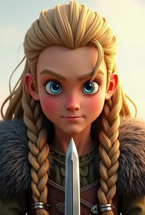 Viking boy face blond long braided hair. blue eyes. Sophisticated animated style .  A sword at eye level.