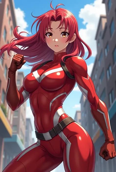 My Hero Academia Style , Anime girl, female, young female ,Full Body Shot,(fighting stance:1.3),Long hair, Red Hair,  Brown Eyes,Hero Suit, Full Body Suit, red suit with white details, perfect anatomy,  （Well-trained abdominal muscles）,（trained Biceps）,sup...