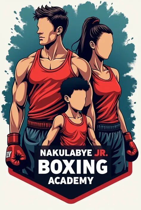 Attractive   illustrator logo 
  for boxing academy  for African add  young , a man , and lady remove face  make sure to put 3 people  and the name must be included dont forget to put name   the  name of logo is  : nakulabye Jr boxing academy 