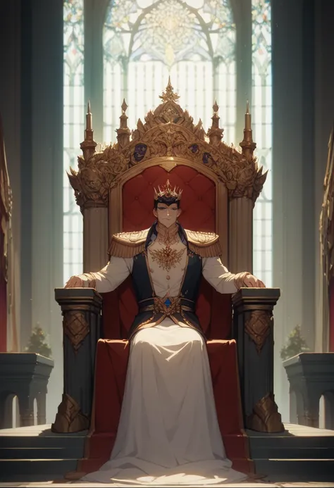 A middle-aged man， seated on the throne ，Wearing a black mask on his face，Look ahead，majesty，masterpiece， Best Quality ，Extremely Beautiful ， very high resolution ， anime style