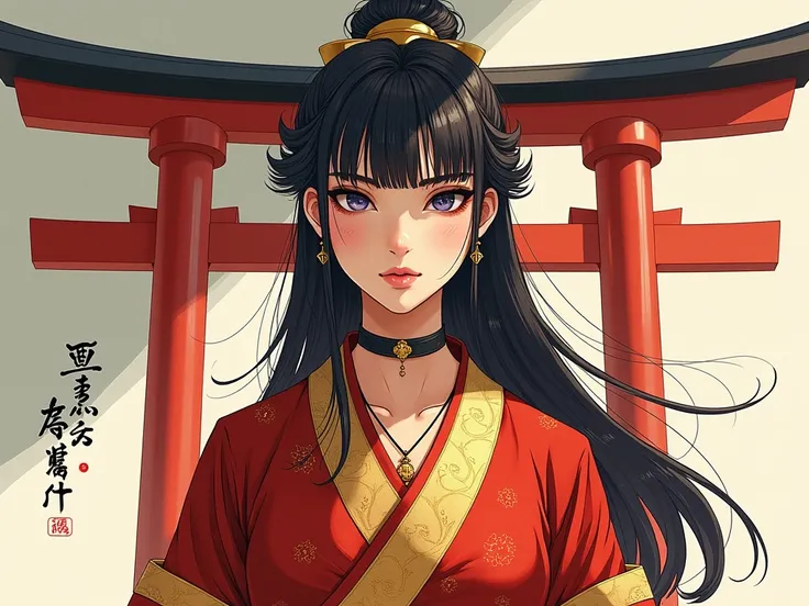 OBxiaoxiang, ink splash portrait of a stunning European princess standing in front of a Shinto shrine, long hair, sidelocks, bangs, hair ribbon, earrings, necklace, choker, red and gold kimono, direct gaze, light falling on one side of the face, gradient b...