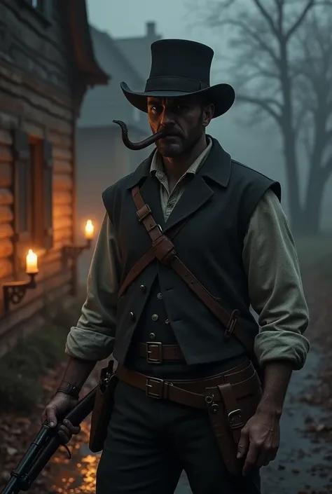 Create a YouTube thumbail of the game Hunt : showdown,  character with frayed clothes, detailed, whole body, with a cigar, using an old rifle, at night, Candles light up an old house, In the background, Scenario from 1870, Do crows fly after 