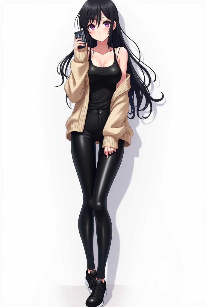 Anime adolescent woman with full body standing in front She has long black hair , with big and expressive eyes in purple or similar She wears a beige knitted sweater that leaves one shoulder uncovered and has a black leather t-shirt with bare shoulders and...