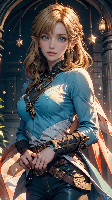  princess Zelda,  1 girl,  Artists Request , belt,  blonde hair , blue  shirt, Books,  boots, expressionless, whole body,  green eyes,  high definition ,  viewers who stop at the edge,  magic , Nintendo,  pants,  holding a star ,  shirt,  short hair, simpl...