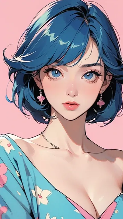 ( top quality:1.2,  city pop style, citypop,  very detailed, Latest,  vibrant,  High Contrast, masterpiece:1.2,  top quality,  best aesthetics),  girl, ((Upshot of a face that seduces:1.4)),  colorful hair,  bob cut,  pastel colors,  1980s Style , ((Retro,...