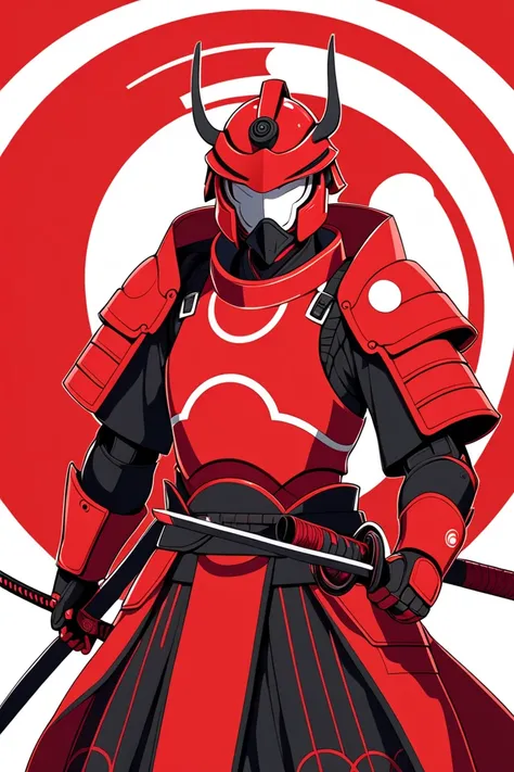 A male warrior. He is wearing a japanese inspired armor in red colors, with minimalist futuristic details. He is wearing an open circular helmet. He is armed with a naginata. The style is futuristic anime. The setting is clean and minimal, a japanese flag ...