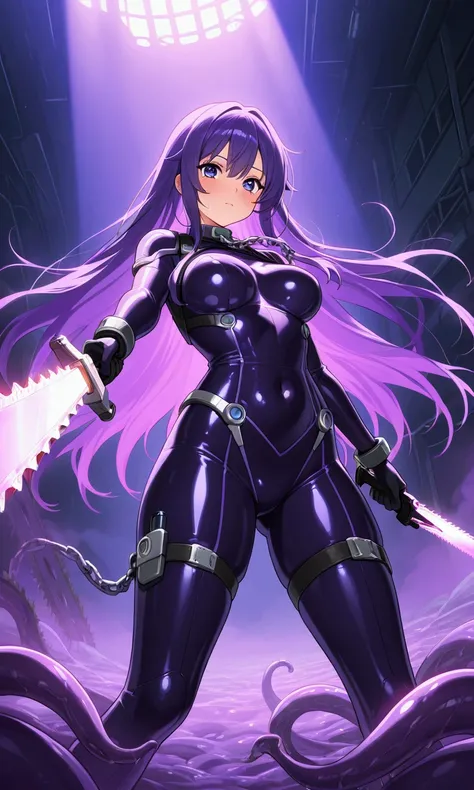 A cute woman (violet hair, violet eyes, sexy violet body suit extremely revealing, some electronic components on the suit with lit displays, laser pistol, chain sword (chain saw bladed sword makes a real bloody mess of foes)), role of space pirate captain,...