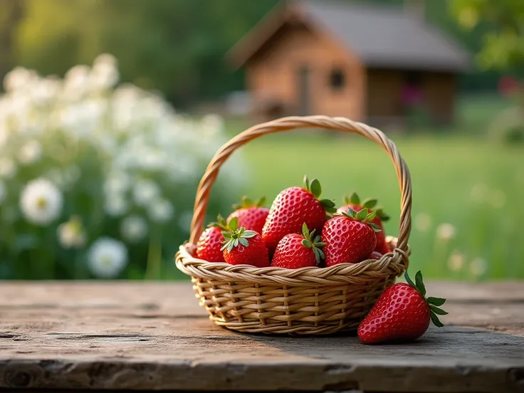 Create a small basket with strawberries .  on a rustic wooden table.  image background has a cabin with a white flower plantation next to it.  REALISTIC IMAGE.