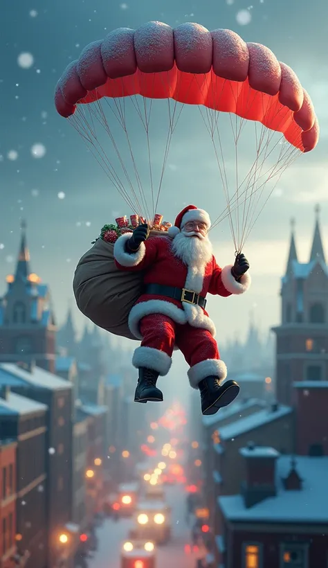 Santa Claus parachutes over a winter city,behind him is a bag full of gifts , The mood is great 