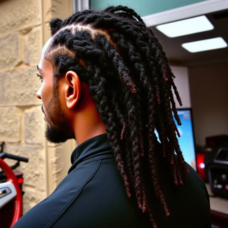 Créé moi une image dun mec noir, avec des locks tressé arrivant sur ses épaules sans barbe, conduisant une BMW série 1 année 2013 en mode détente. Il faut que la photo soit prise de derrière à lintérieur de la voiture en ayant un focus sur la route et le v...