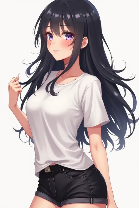 Anime Woman Sleepy Face Smiling Smiling Long Hair Black Flaunting White T-shirt Big Breasted Black Shorts