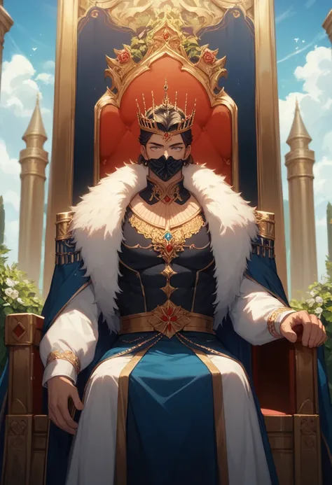 A middle-aged man， seated on the throne ，Wearing a black mask on his face，Look ahead，majesty，robust，masterpiece， Best Quality ，Extremely Beautiful ， very high resolution ， anime style
