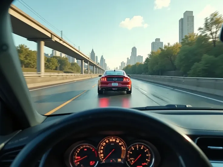 a view from the front camera of a car that is driving along a highway in the city, another car is driving in front of the car in close-up