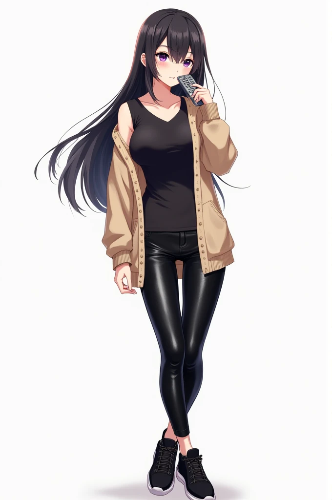 Anime adolescent woman with full body standing in front She has long black hair , with big and expressive eyes in purple or similar She wears a beige knitted sweater that leaves one shoulder uncovered and has a black leather t-shirt with bare shoulders and...