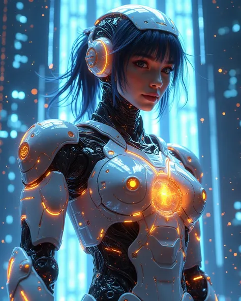 (masterpiece:1.2,EXCEPTIONAL QUALITY ,Mirror finish,  cinematic experience  , Best illustrations :2.0,Super detailed.2.0),16k, wallpaper,( translucent virtual robot female  :2.0),( she is projected as a hologram ),( beautiful girls:2.0),( war robot style h...