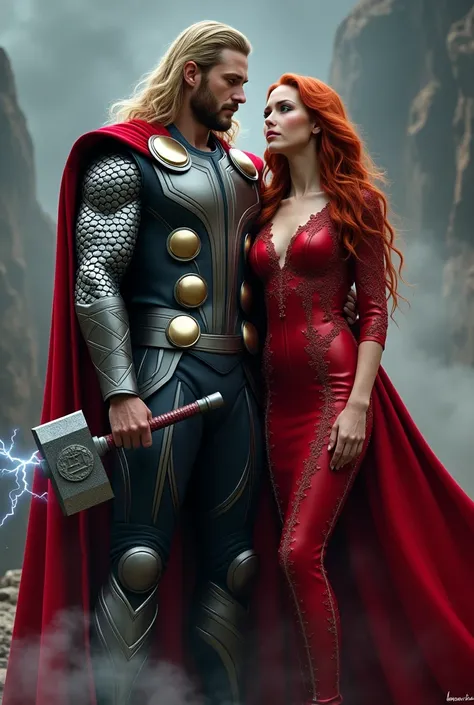 Generate a realistic Full HD image of Thor from the Avengers movies holding hands with a woman wearing a long, skintight red dress with a high collar. Thor should be in full armor, including a winged helmet, silver breastplate with golden runes, bracers, g...