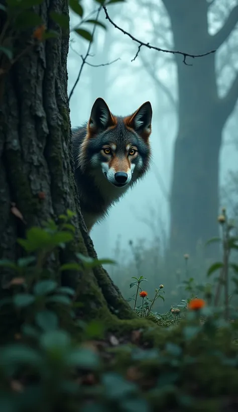 In a fantasy forest, with tendrils of mist rolling between the trees, misty landscape. a young (female werewolf) with dark auburn fur, looks towards the viewer from behind a tree