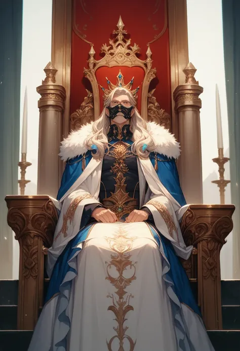 A middle-aged man， seated on the throne ，The black mask covers the entire face，Look ahead，majesty，robust，masterpiece， Best Quality ，Extremely Beautiful ， very high resolution ， anime style
