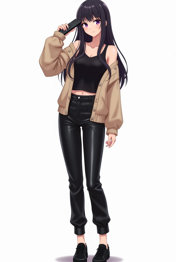 Anime adolescent woman with full body standing in front She has long black hair , with big and expressive eyes in purple or similar She wears a beige knitted sweater that leaves one shoulder uncovered and has a black leather t-shirt with bare shoulders and...